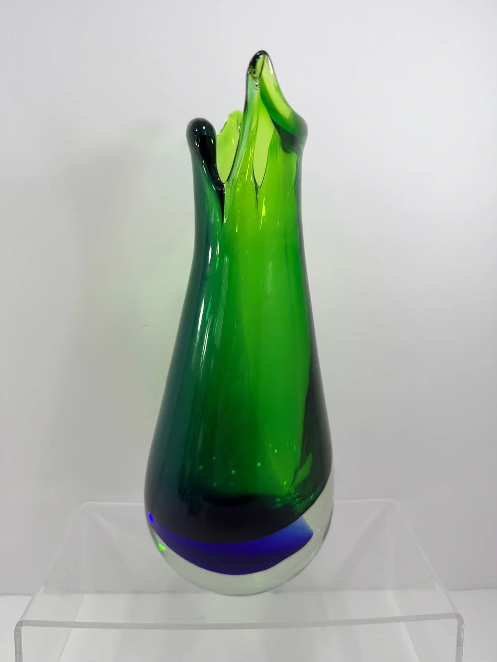 Vtg MCM Murano Style Sommerso Fishtail Vase - Emerald & Cobalt - 9.5